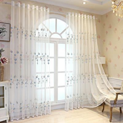Room Divider Sheer Curtain Luxury Blue Embroidered Sheer Curtain Lace Voile Draperies Light Filtering Curtain Vintage Flower Window Treatment