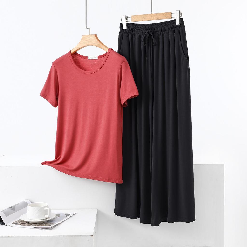 Color Block Cotton Crew Neck Two-Piece Set: Short Sleeve Top & Wide Leg Drawstring Pants