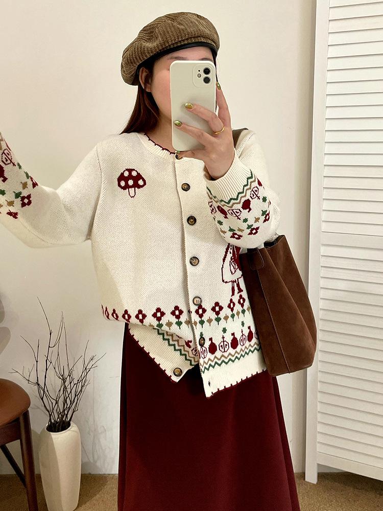 Plus Size Women's Retro Jacquard Sweater Coat, 2025 Winter Loose Knit Cardigan, Style 23538