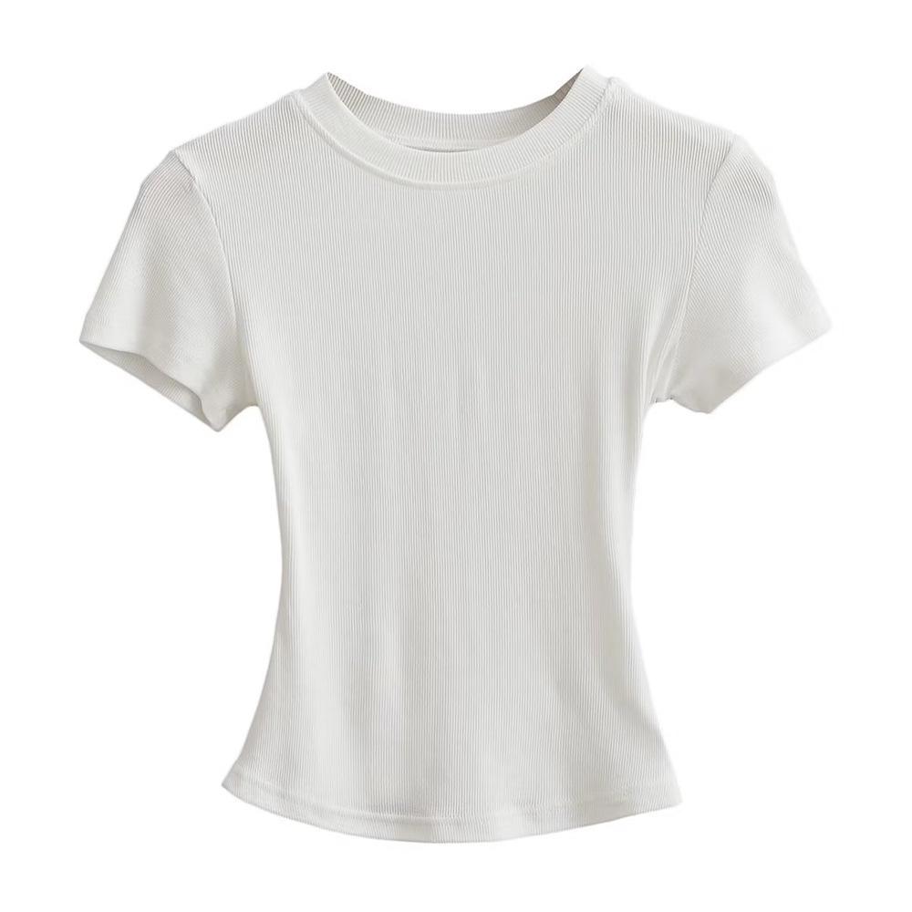 Trendy Women's Ribbed Slim Fit Short Sleeve T-Shirt with Sexy Round Neck and Straight Shoulders.
