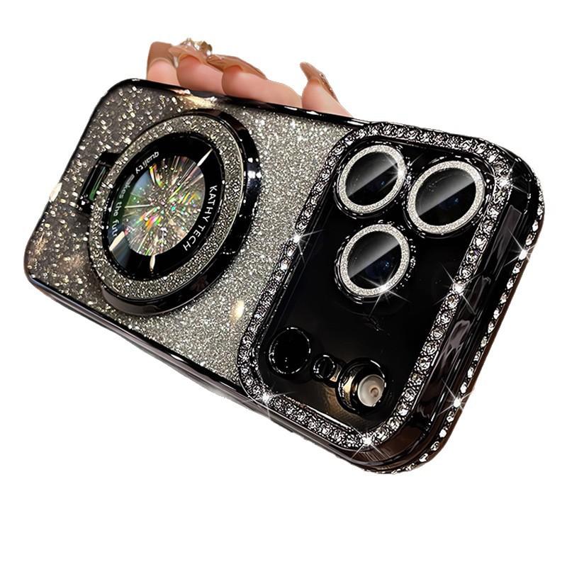 Magnetic Suction Bracket Is Suitable for iPhone17 Gradual Change Glitter Mobile Phone Case 16Pro Electroplated Rhinestone 13 Protective Case