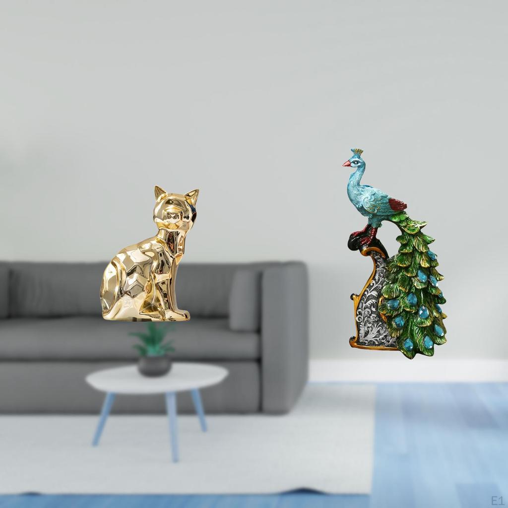 Cat Peacock Statue Decorative Figurine Animal Sculpture Art Craft Elegant Tabletop for Fireplace
