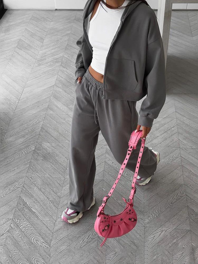 Winter Zipper Hooded Sports Cardigan With Tie Up Pants Two-piece Casual Suit For Women