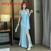 Elegant Satin Polyester Long Dress With Vneck For Evening Parties And Nightclub Wear