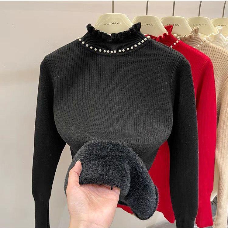 Pulover Tricotat cu Guler de Catifea cu Mărgele pentru Femei Toamnă/Iarnă