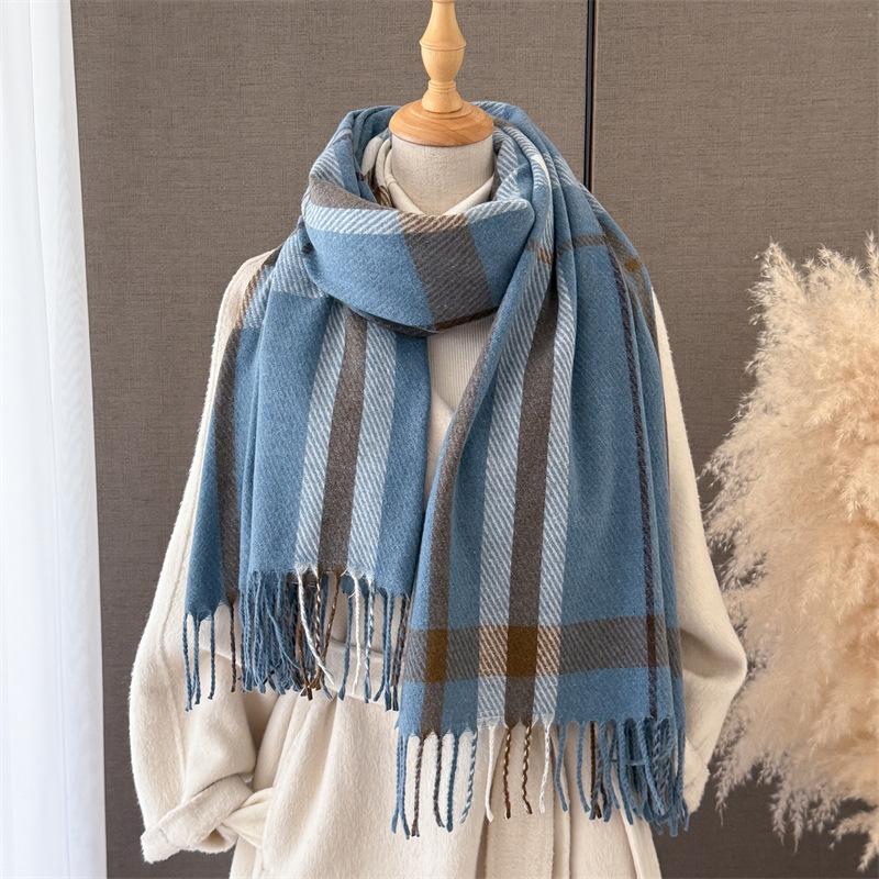 Korean Retro Plaid Autumn and Winter Warm and Cold Scarf Shawl Commuting Versatile Couple Tassel Imitation Cashmere Scarf