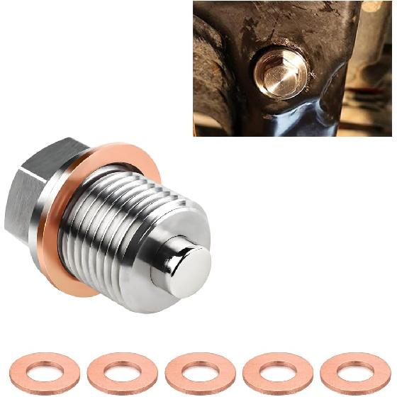 M14×1.5 Magnetic Oil Drain Plug, Aluminum Stainless Steel Sump Drain Nut Bolt with 5 Copper Crush Washer, Universal Leak-proof Replacement Car