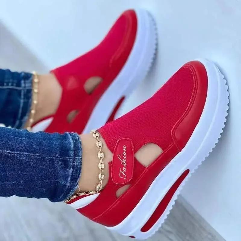 Fashion Large  Summer  Breathable Women's Casual Shoes with Thick Sole  Sloping Heel Hollowed Out Low Cut Women's Shoes  Sneakers
