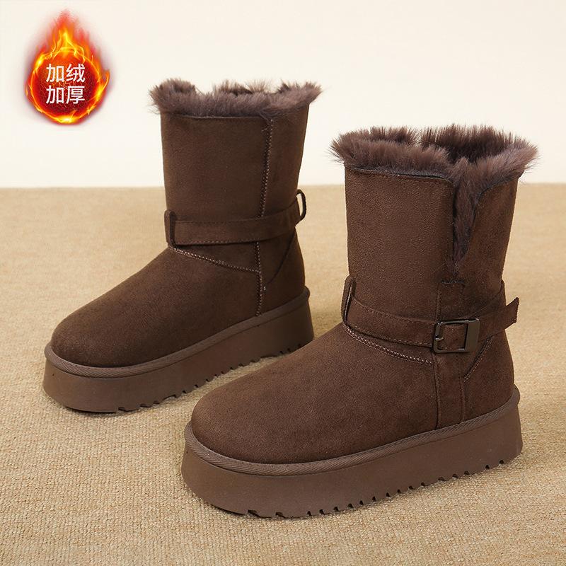 Thick-soled two-wearing medium tube snow boots women's winter new fur integrated fluff cotton boots piled and piled cotton shoes