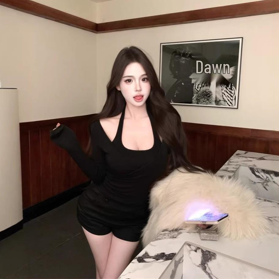 

Women s Slimming Pink Patchwork Halter Long-Sleeve Two-Piece Top M чорний