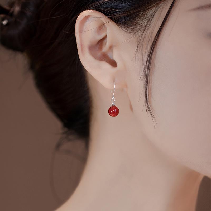 Hetian Jade and Red Agate Earrings - S925 Silver, Vintage High-End Design for Women, Autumn/Winter 2023