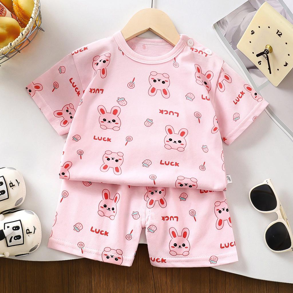 Kids Short Sleeve Cotton Set With Cartoon Pattern For Summer Play