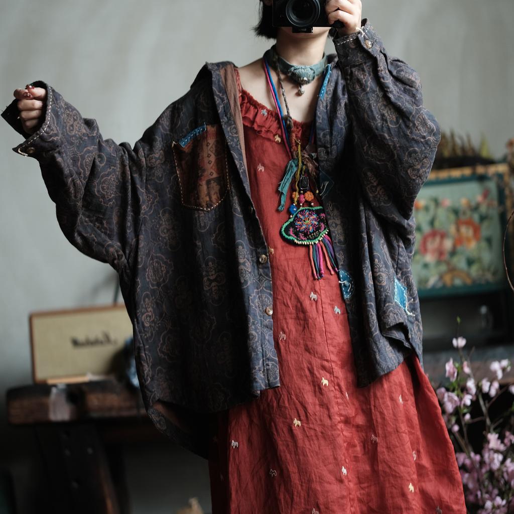 Johnature Women Vintage Shirts Print Floral Tops Spring Chinese Style Turn-down Collar Long Sleeve Patchwork Shirts