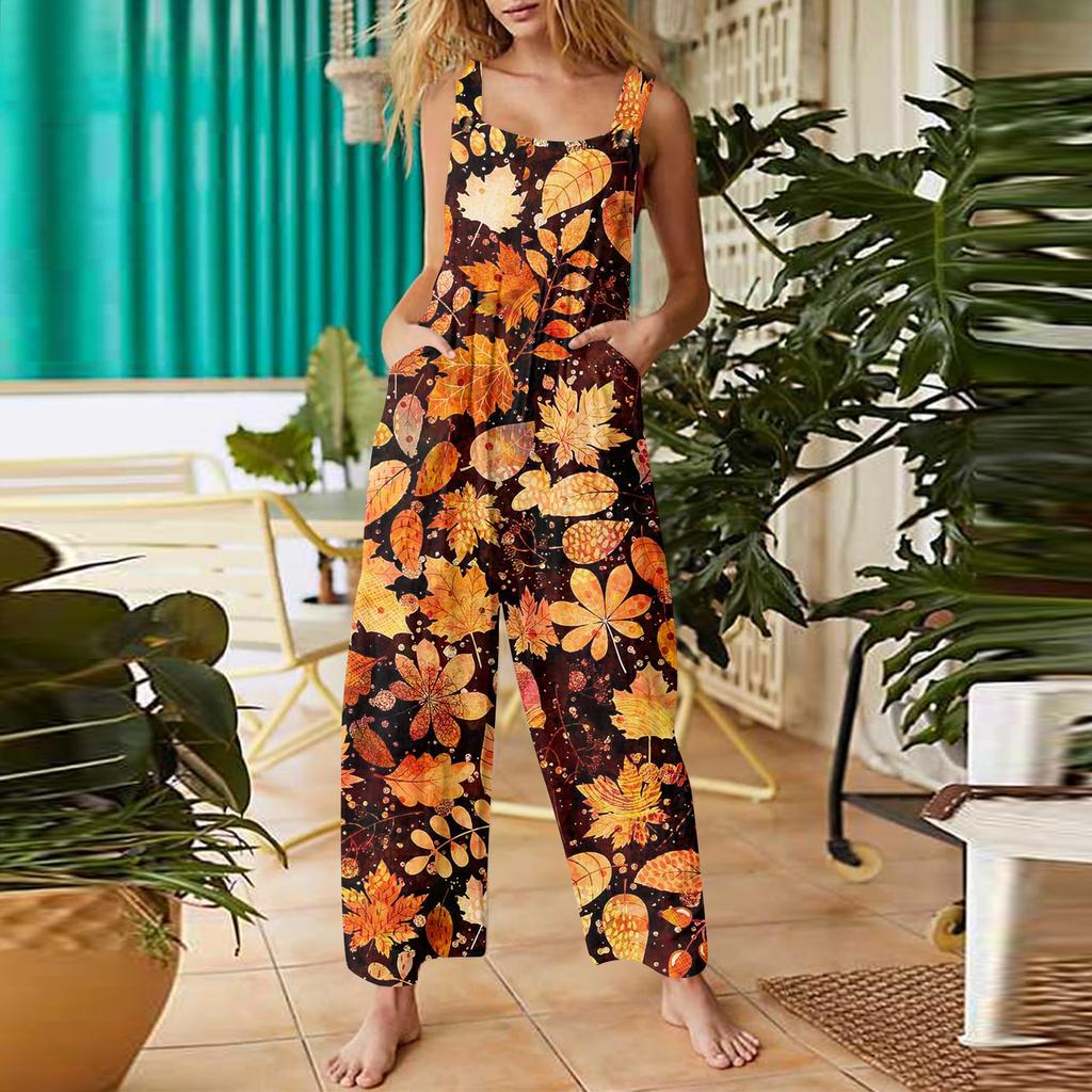 Women's Casual Retro Printed Jumpsuit Sleeveless Cotton Jumpsuit