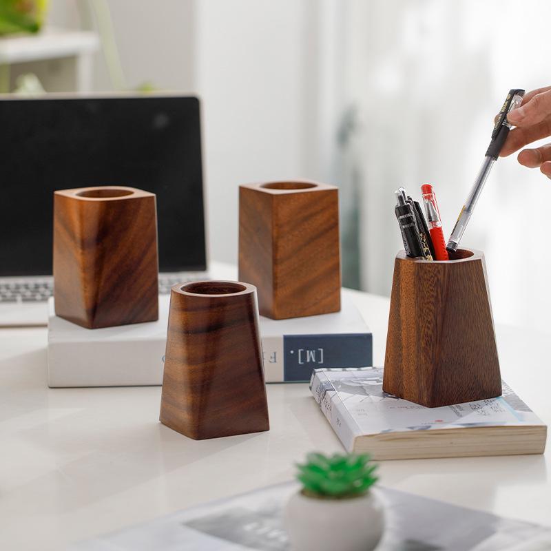 Retro Walnut Solid Wood Pencil Holder - Student & Office Desktop Stationery Storage Box Gift