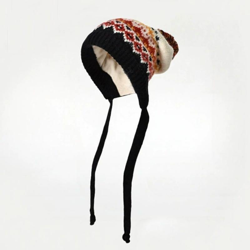 Johnature Damen Vintage Gestrickt Print Floral Warme Hüte Winter Gürtel Mütze