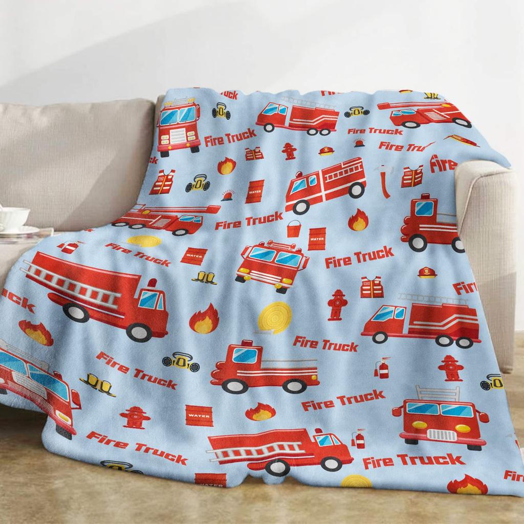Cartoon Fire Engine Digital-printed Polyester Bedroom Velvet Flannel Cover Blanket Fleece Soft Sofa Cover Blankets for Beds