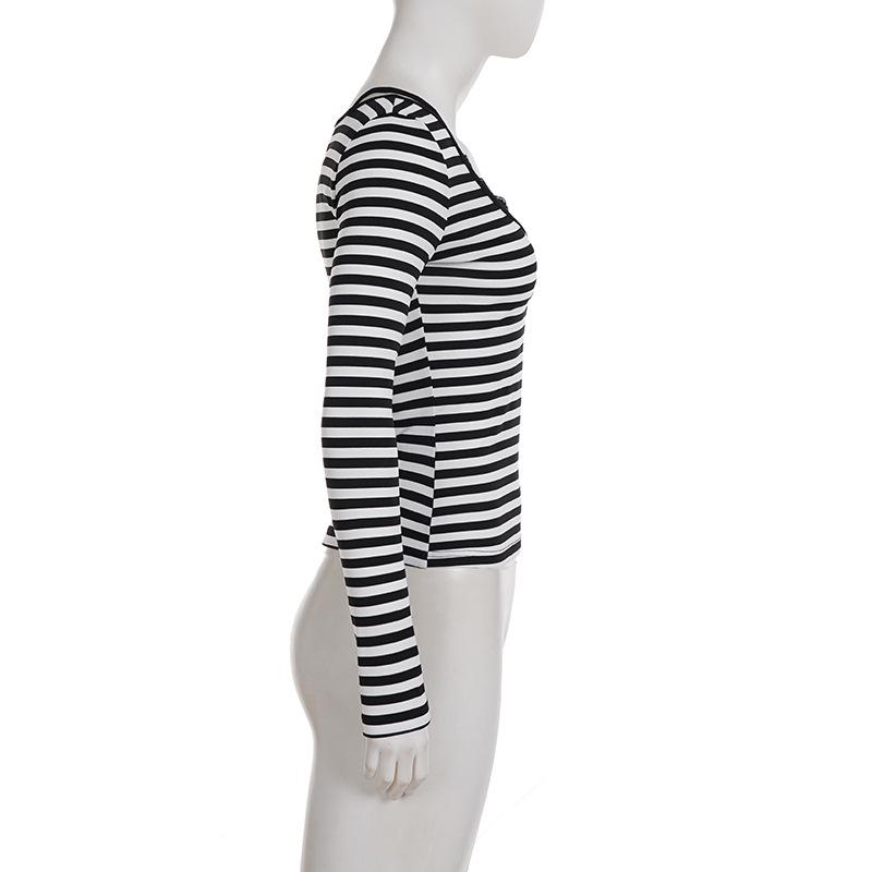 European & American Style V-Neck Lace-Trim Striped Long-Sleeve Slim-Fit Two-Piece Look Top for Women