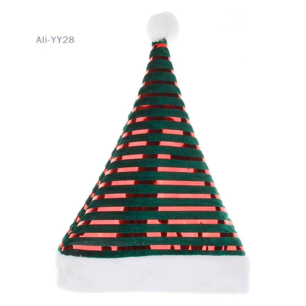 {HMA74} Green Red Stripe Velvet Christmas Hat Shiny Santa Hat Festive Party Cap for Adults Kids Festive Headwear Xmas Costume