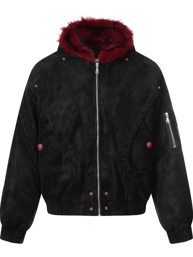 2025 Winter Weinrot Retro Kapuzenmantel mit Pelzkragen Baumwollmantel - Kurzer Reißverschluss Breite Jacke