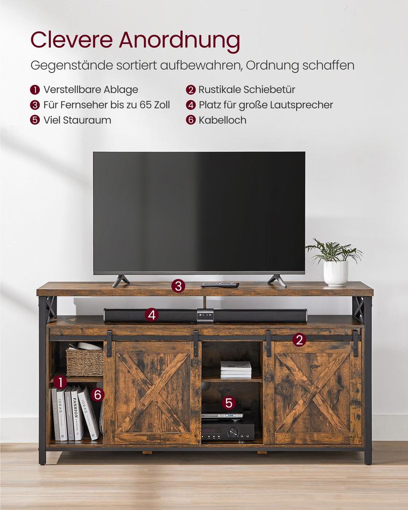 VASAGLE TV-Schrank, 65 Zoll TV-Ständer, mit verstellbaren Regalen, Scheunentüren, Bauernhaus-Design, Metallrahmen, Rustikales Braun und Schwarz