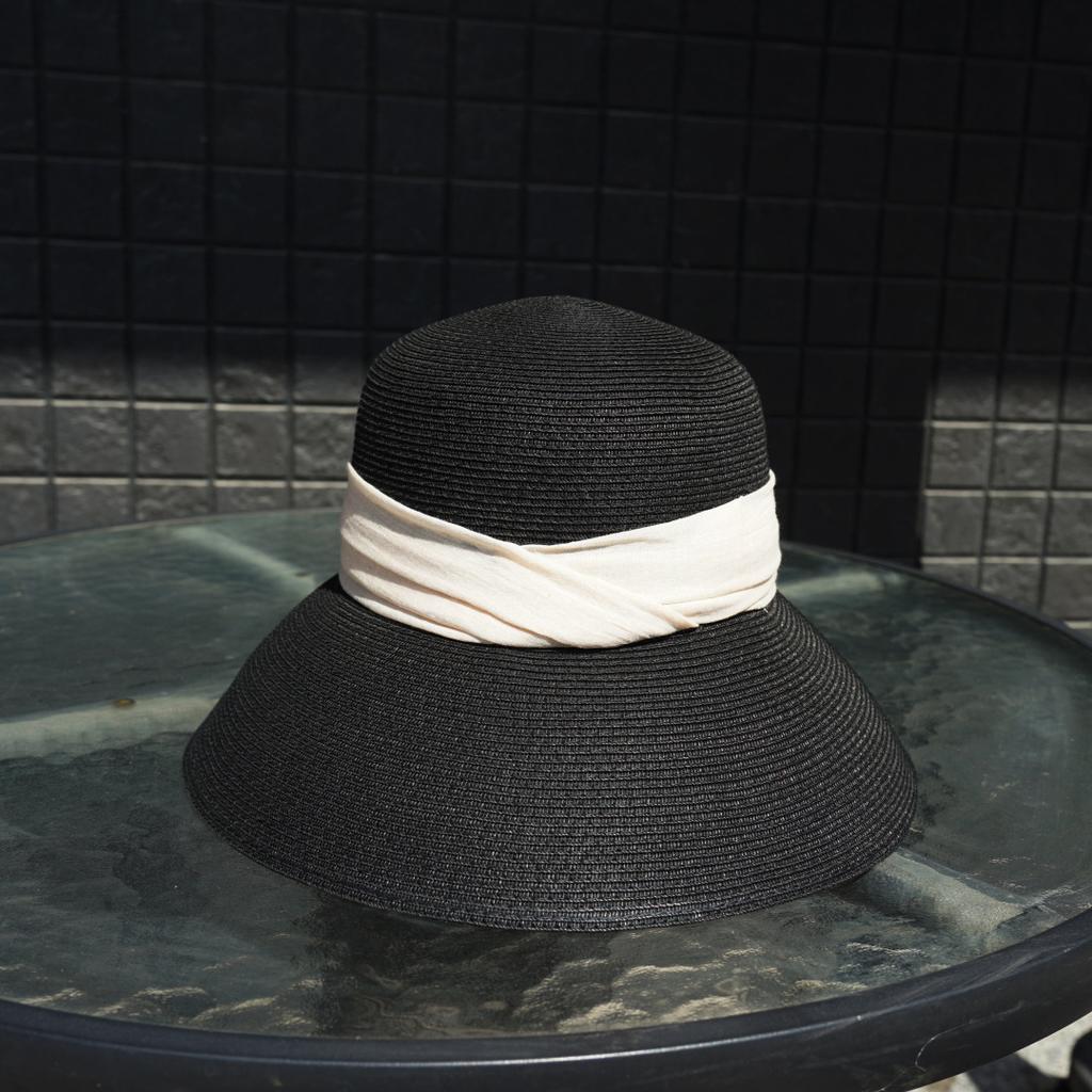 French Retro Black Hepburn Bell-Shaped Large Brim Basin Hat Women'S Summer Vacation Beach Sunshade Sun Protection Japanese Straw Hat