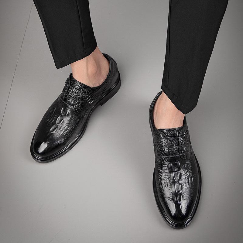 Men's Crocodile Pattern Leather Lace-up Shoes - Round Toe, Business Casual & Formal Style