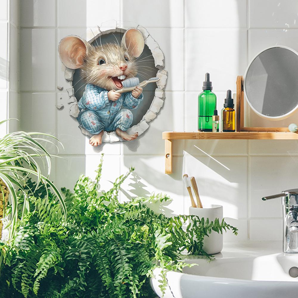 Cartoon Mouse Brushing Teeth Wall Sticker Self-Adhesive Removable Waterproof for Bathroom Kids Room Home Decor Art