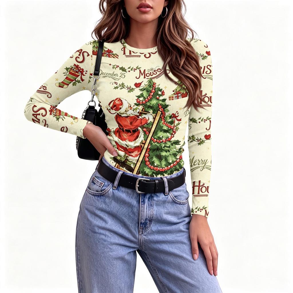 Damen Slim Fit T-Shirt mit Weihnachtsdruck, Langarm, Rundhalsausschnitt für die Feiertagsparty und Freizeitkleidung