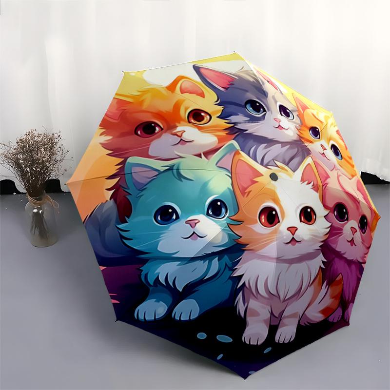 1pc Cartoon Colorful Kittens Animals Durable Cartoon Folding Umbrella, Portable 3-Fold Compact Umbrella for Men and Women, Suitable for Travel or