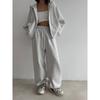Womens 2026 Fall/Winter Loose Hooded Zip-Up Sweatshirt Pants Set Casual Streetwear Outfit Pure Color Cotton Blend