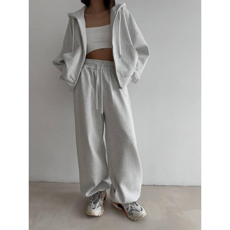 Womens 2026 Fall/Winter Loose Hooded Zip-Up Sweatshirt Pants Set Casual Streetwear Outfit Pure Color Cotton Blend