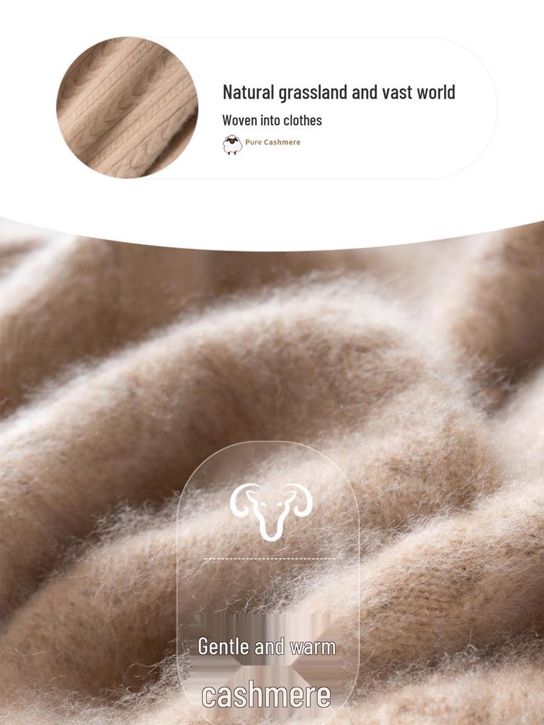 Women's Cashmere Cable Knit Semi-High Neck Sweater - Autumn/Winter Loose Fit Pullover