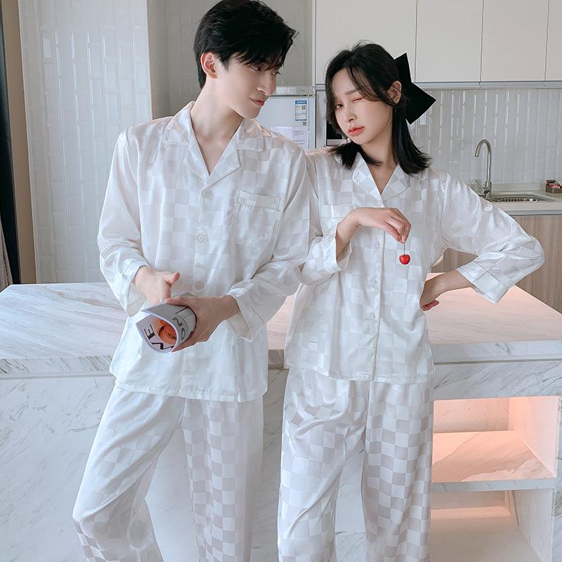 Wide White Couple Pajamas Women's Ice Silk Long-sleeved Men's Casual Plus Fat Summer Thin Loungewear Set