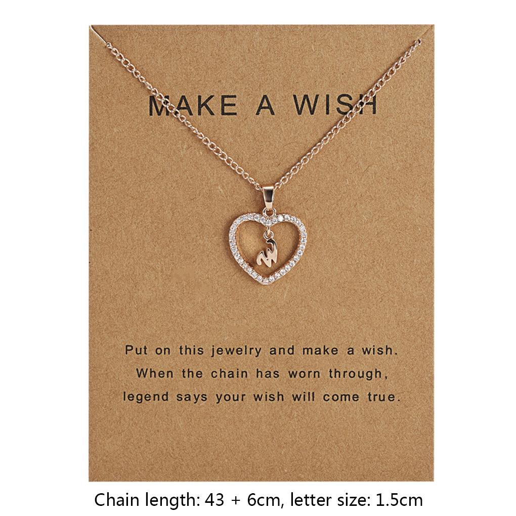26 Letters W Heart Shape Pendant Necklace Rhinestone Rose Golden Clavicular Chain Jewelry Couple Gift