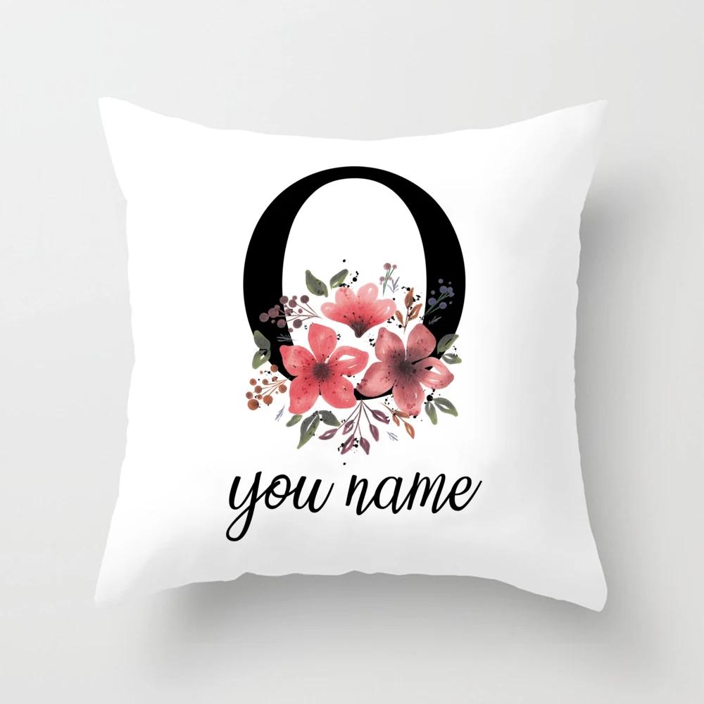 Personalized Name Flower Letter Pillow Case Alphabet Print White Square Pillow Case Dust Cover Bedroom Party Decoration