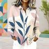 Women Plus Size Collared Long Sleeve Abstract Leaf Printed Button Front Shirt
