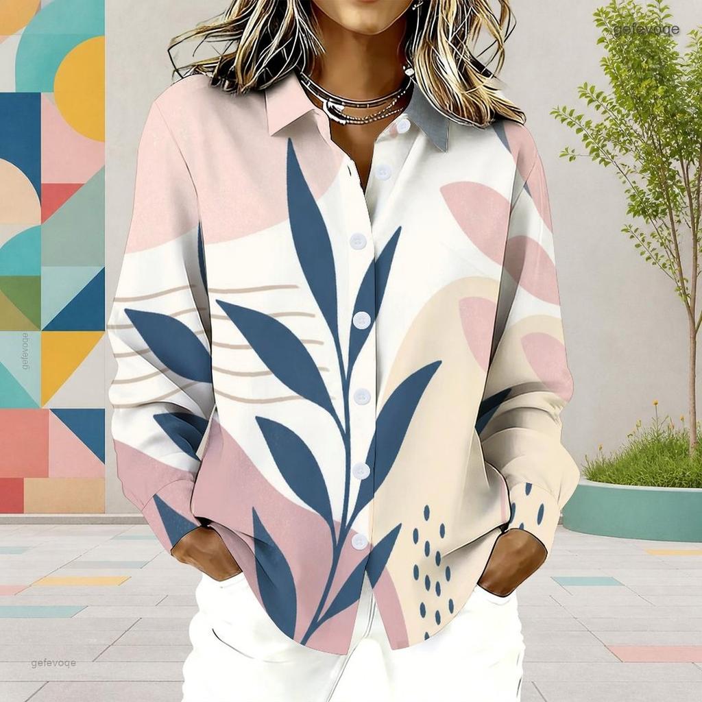 Women Plus Size Collared Long Sleeve Abstract Leaf Printed Button Front Shirt