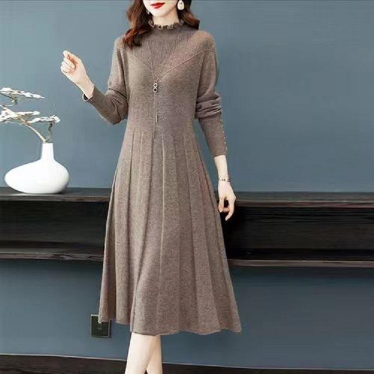 Pletené midi šaty s polovičním rolákem, silným dlouhým rukávem, pletené zboží, vestidos, volný nadměrný svetr, župan, dámské podzimní šaty