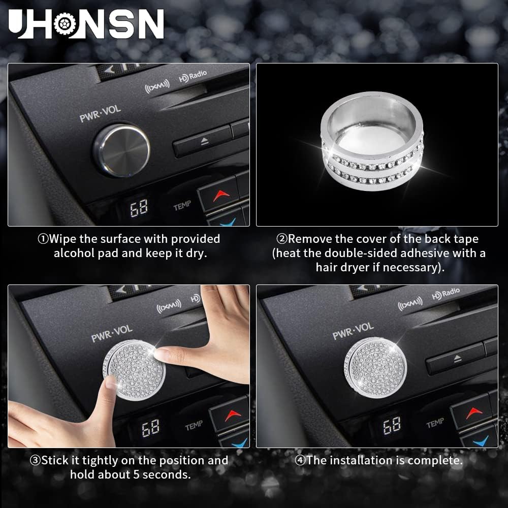 UHONSN 3Pcs Car Interior Accessories for Lexus RX Bling Volume Knob Cap Clock Frame Cover Sticker Decoration Parts Decals Women Men Silver Crystal