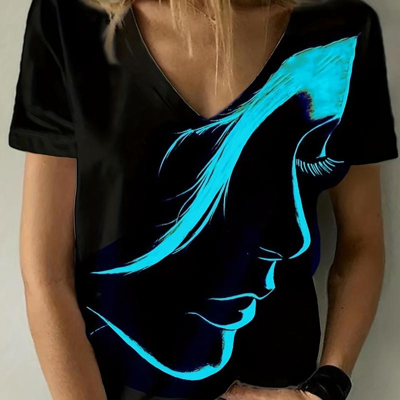 Figure Print V Neck T-Shirt, Casual Short Sleeve Top For Spring & Summer, Women's Clothing