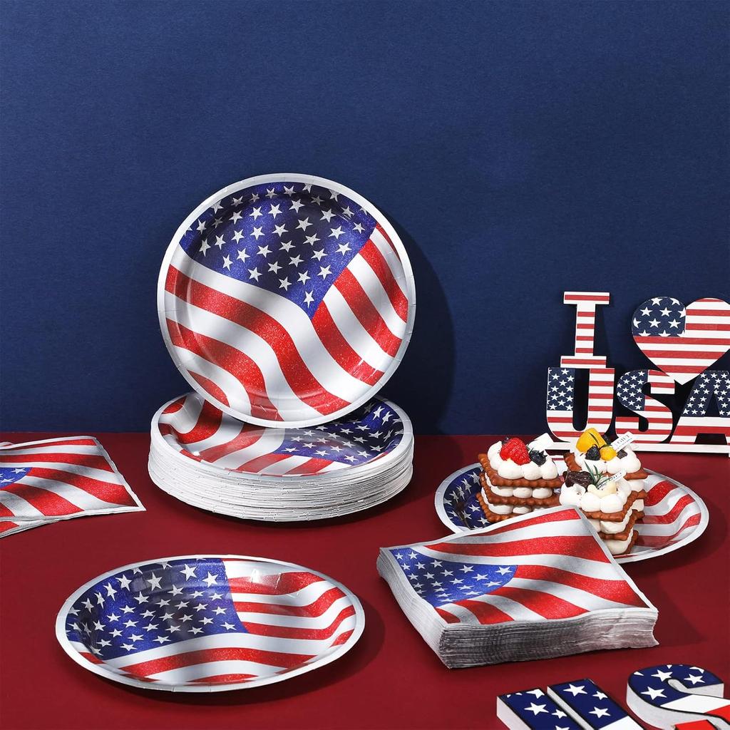 Mumufy 100 Pcs American Flag Patriotic Plates and Napkins 4th of July Party Supplies July 4th Disposable Paper Plates Napkins for Veterans Day