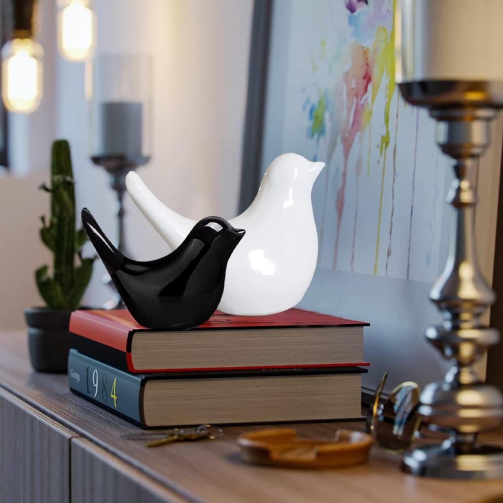 Creative White and Black Glossy Ceramic Birds Figurines Home Decorations Accessories Party (Pack of 2, Black & White)