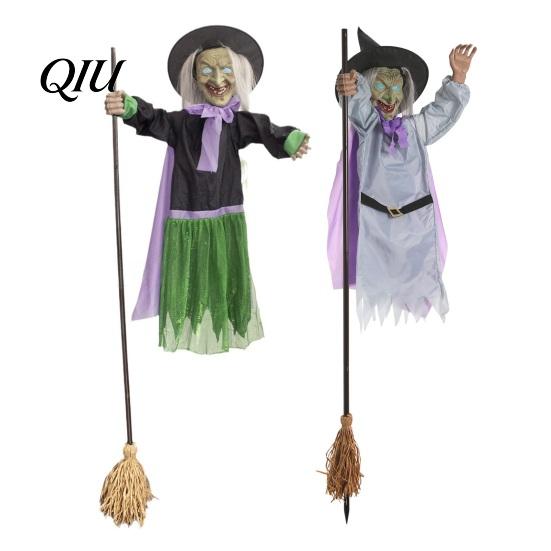 Halloween Witch Party Supplies Animated Decoration, Sound Activated Lighted Haunted House Prop, Long-lasting Decoration Creepy Flying with Broom
