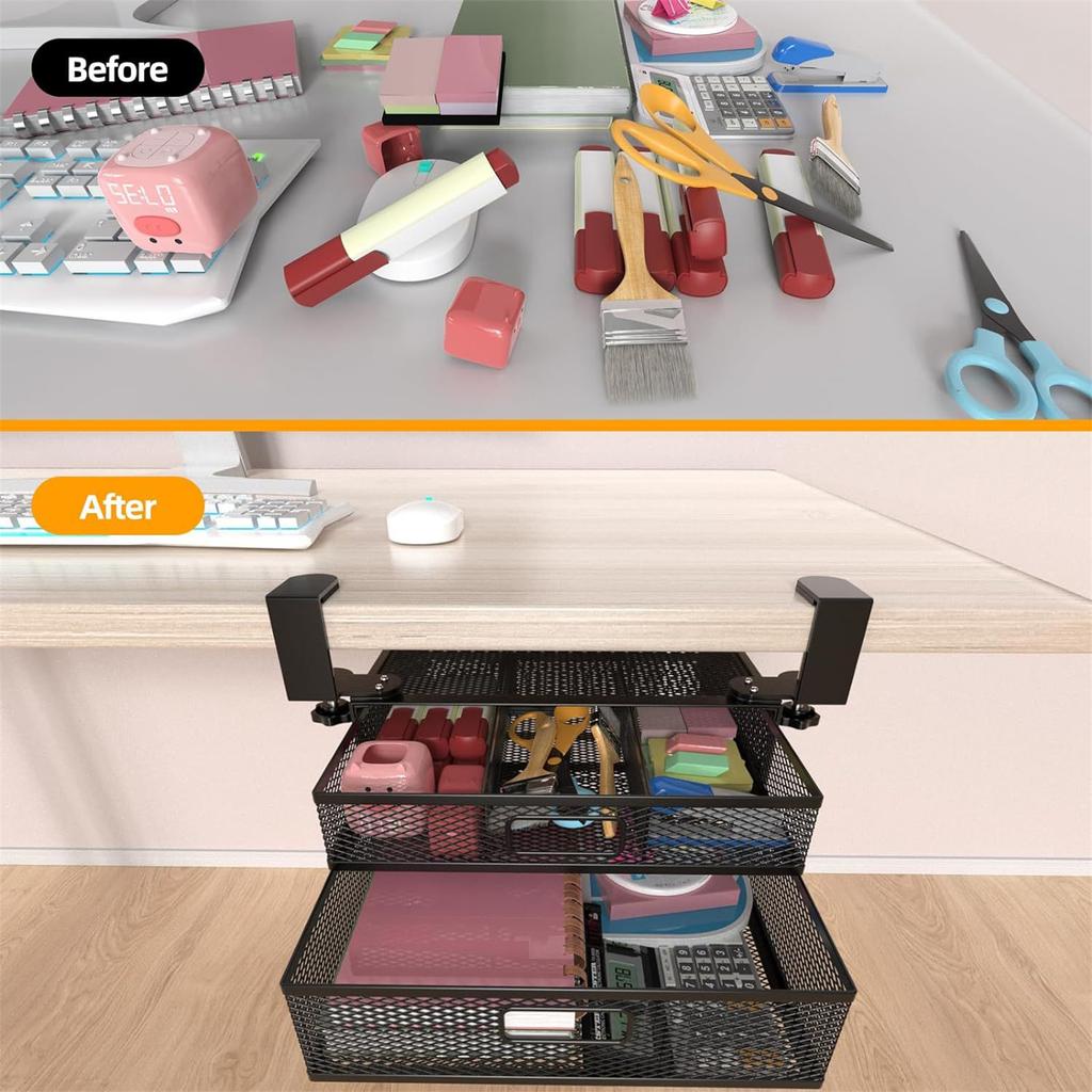 Under Desk Drawer Organizer, No Drilling Mesh Metal Hidden Under Desk Storage Drawer, Desk Organizer With 2 Tier Slide Out Drawer For Home And Office