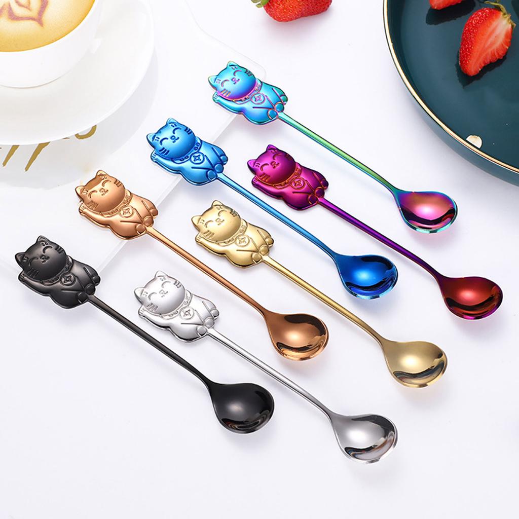 Cute Cats Shape Stirring Spoon Small Mixing Teaspoon Dessert Spoon Stainless Steel Tableware Easy To Clean