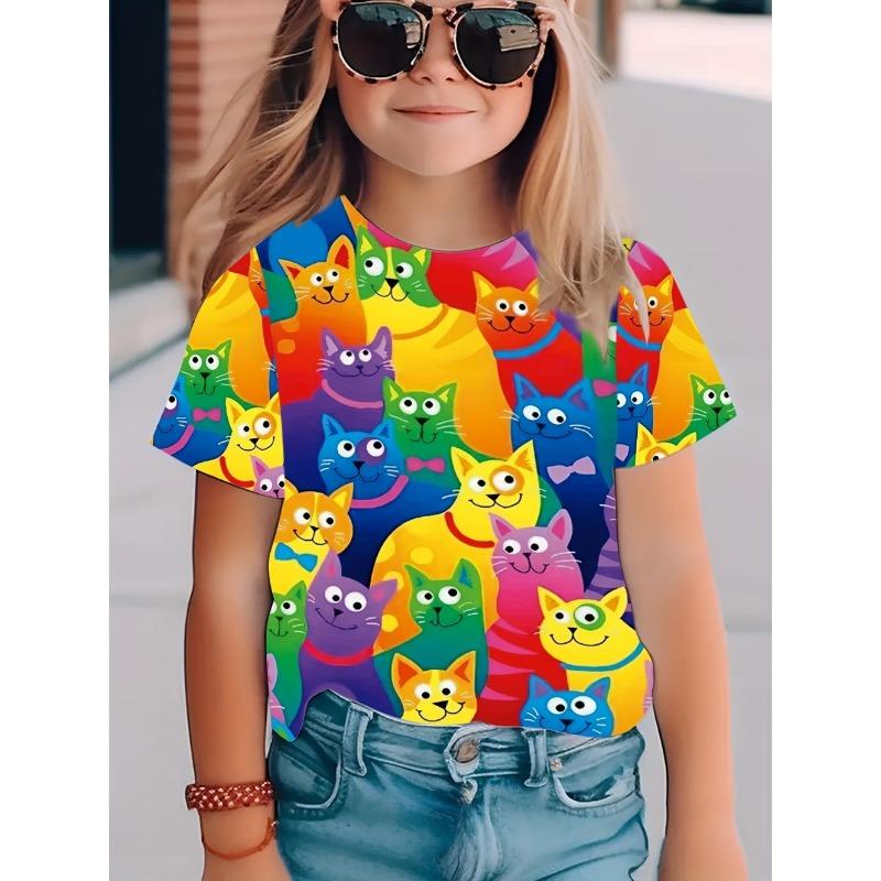 Buntes Katzenmädchen T-Shirt Niedliche Muster Sommer Kurzarm 3D Druck Mädchen Oberteil Mode Lässig Streetwear Kinderkleidung