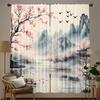 2PCS Asian Scenery Sheer Curtains Cherry Blossom Mountain Pagoda Rod Pocket for Living Room Bedroom Office (Rod Not Included)