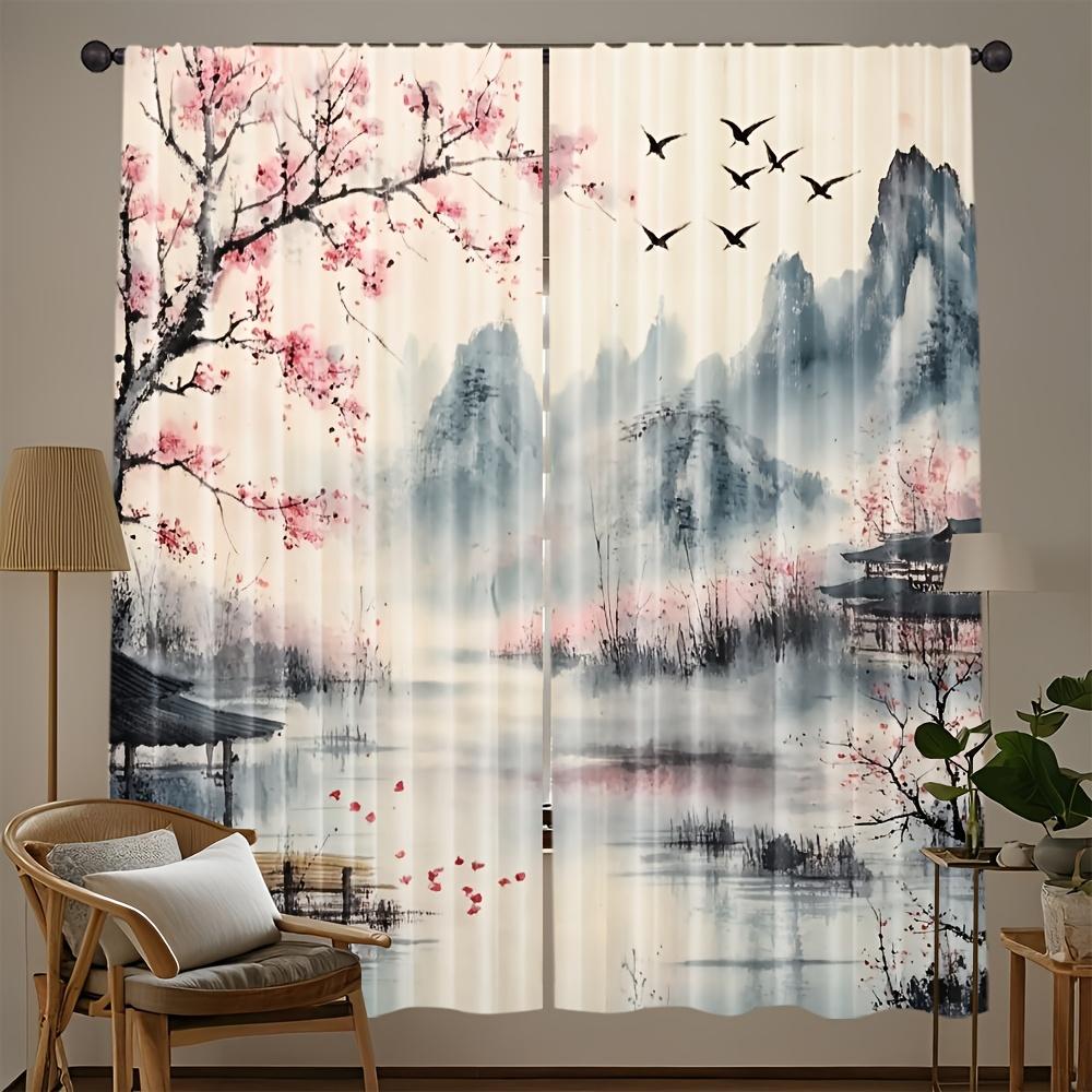2PCS Asian Scenery Sheer Curtains Cherry Blossom Mountain Pagoda Rod Pocket for Living Room Bedroom Office (Rod Not Included)