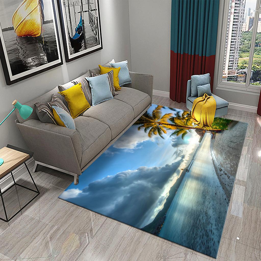 3D Tropical Island Ocean Beach Print Carpet for Kitchen Bathroom Living Room Bedroom Non-slip Absorbent Modern Home Decor Carpet